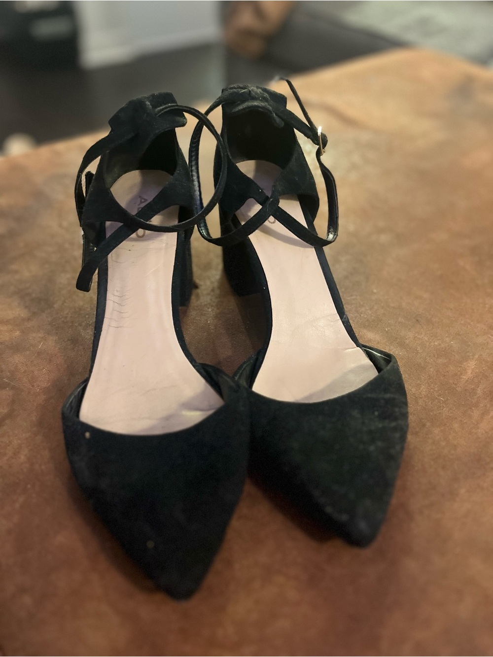 Aldo Black Suede Pointed-Toe Ankle-Strap Block Heels